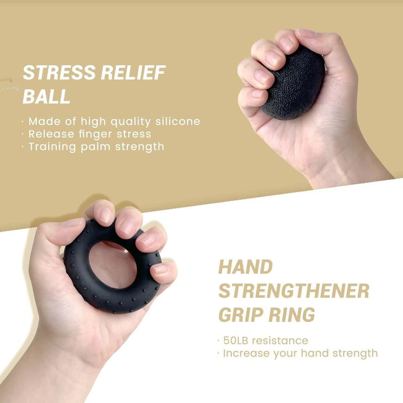 Grip Strength Trainer Kit (5 Pack) - Forearm Strengthener with Finger Stretcher, Grip Ring, and Relief Ball - Injury Recovery Tool for Men and Women