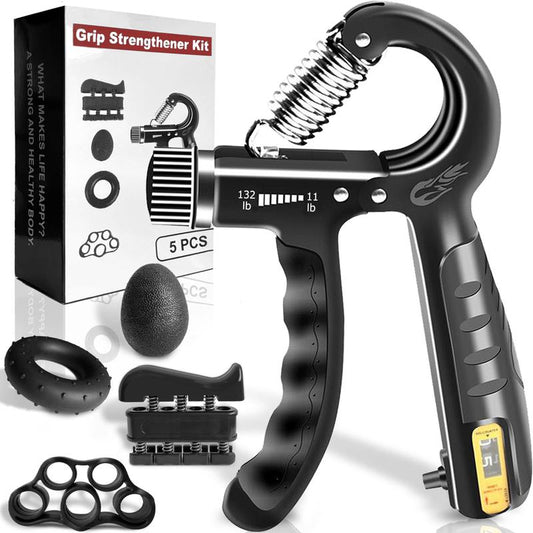 Grip Strength Trainer Kit (5 Pack) - Forearm Strengthener with Finger Stretcher, Grip Ring, and Relief Ball - Injury Recovery Tool for Men and Women