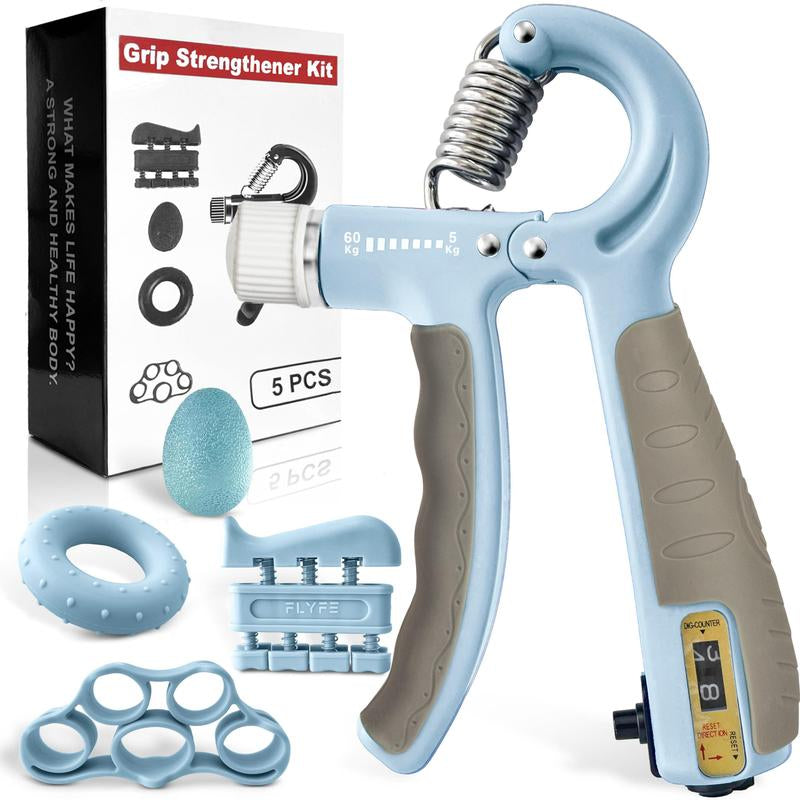 Grip Strength Trainer Kit (5 Pack) - Forearm Strengthener with Finger Stretcher, Grip Ring, and Relief Ball - Injury Recovery Tool for Men and Women